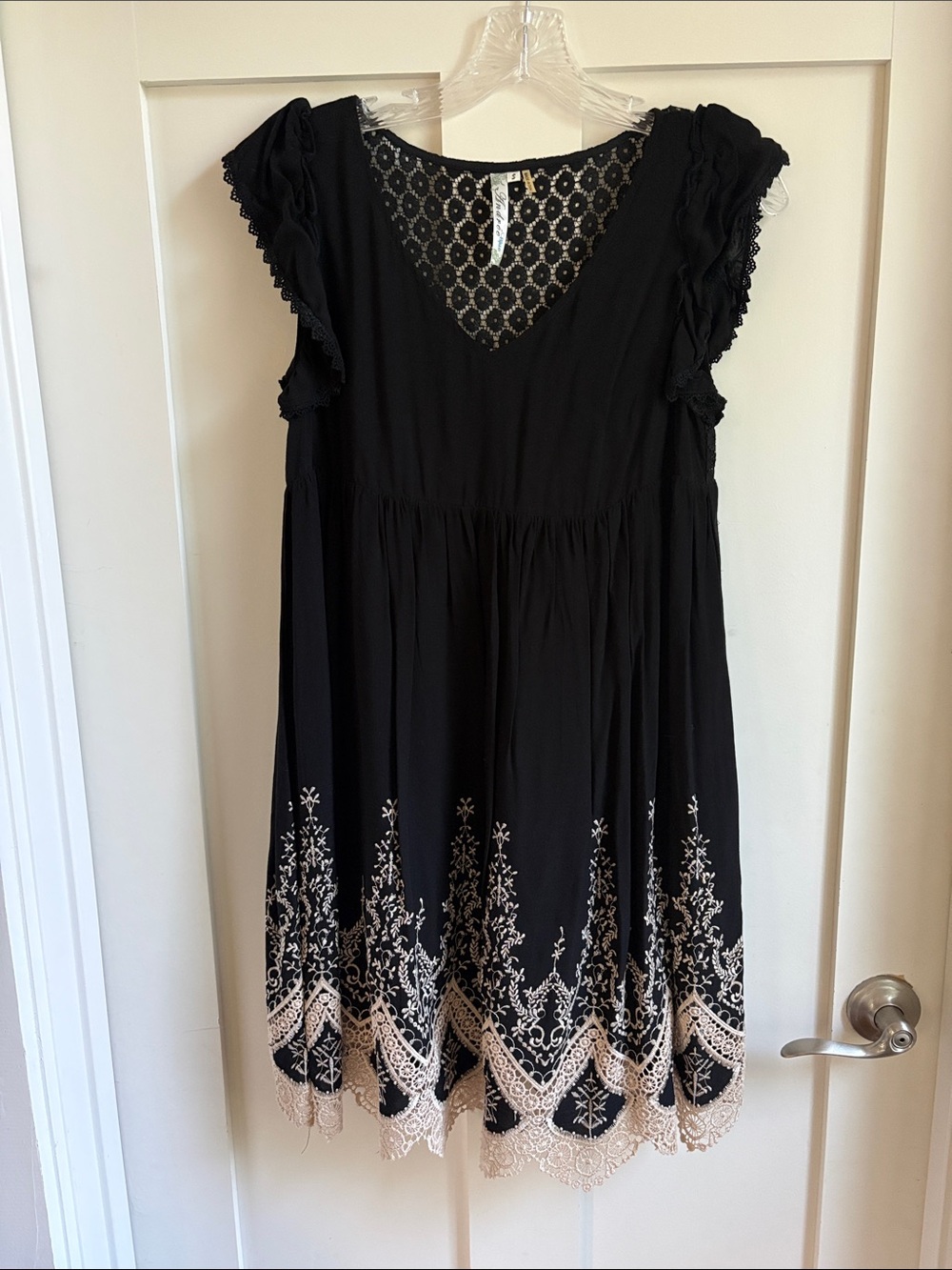 Black Embroidered Lace-Hem Mini Dress